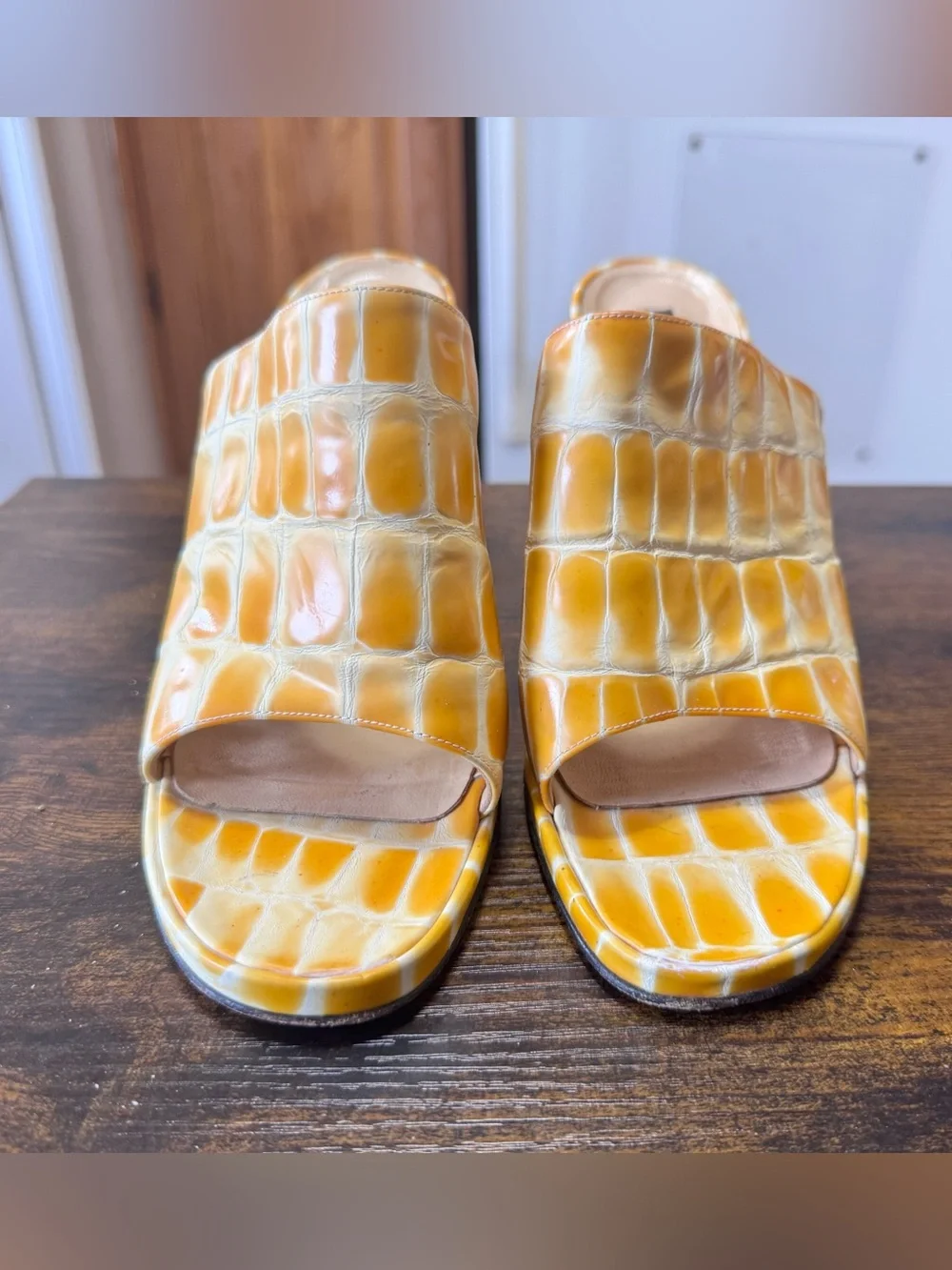Via Spiga Italy Yellow Croc Embossed Leather Mules Chunky Block Heel Sandals 7 - Picture 12 of 12